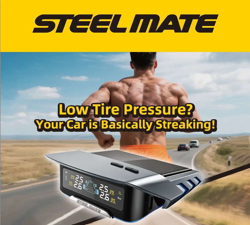 Steelmate ad with a muscular runner on a highway foreground shows a tire pressure monitor device and bold headline about low tire pressure | tire pte ltd | tire pte ltd